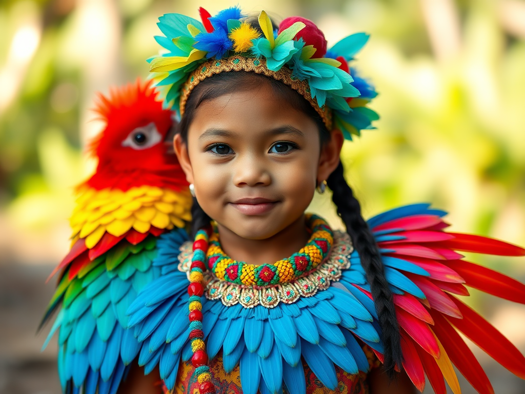 A beautiful Samoan girl, wearing colorful bird clothing with vibrant colors