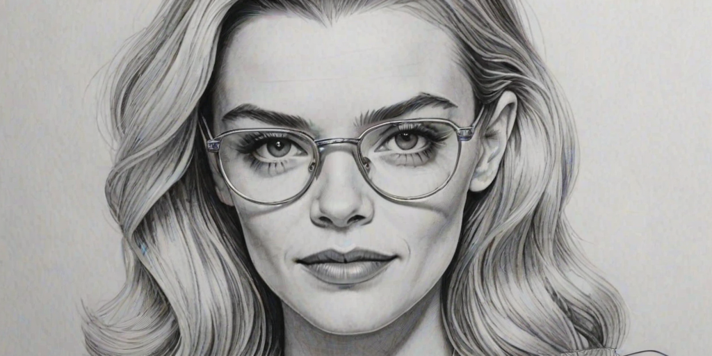Charming Jaime King, pencil sketch, portrait of Dazzling woman 1939s in glasses, hair style beatnik, outline, clear lines, fine lines, 8k