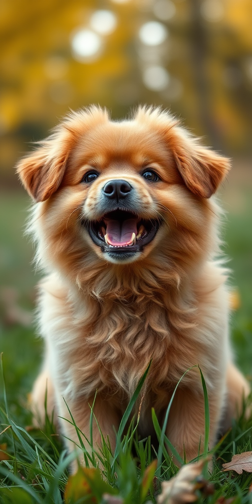 Regenerate an image of a fluffy brown dog with a joyful expression, surrounded by green grass and soft autumn foliage, shot with a Canon EOS 5D Mark IV, 85mm lens, aperture f/1.8, ISO 200, shallow depth of field, and natural lighting.