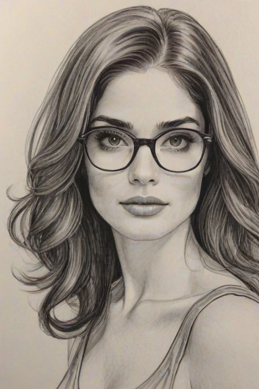 Alluring Janet Montgomery, pencil sketch, portrait of Alluring woman 1968s in glasses, hair style beatnik, outline, clear lines, fine lines, 8k