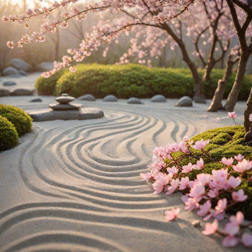 Soft-focus image of a tranquil zen garden at dawn, with raked sand patterns, carefully placed stones, and soft pink cherry blossoms framing the scene in the background.