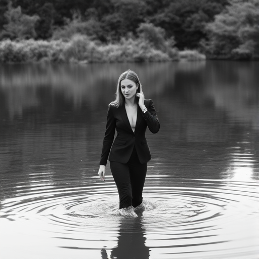 A woman in a black suit wading through a calm, reflective body of water surrounded by lush greenery, captured in black and white.