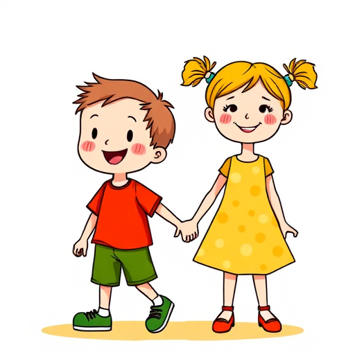 Create a vibrant illustration of two cartoon children holding hands, one boy in a red shirt and green shorts, and one girl wearing a yellow polka dot dress and pigtails, using an artistic style with bold outlines and bright colors, capturing a cheerful and playful atmosphere, shot with a DSLR camera at f/8, ISO 100, 24mm lens, in bright daylight for enhanced color saturation.