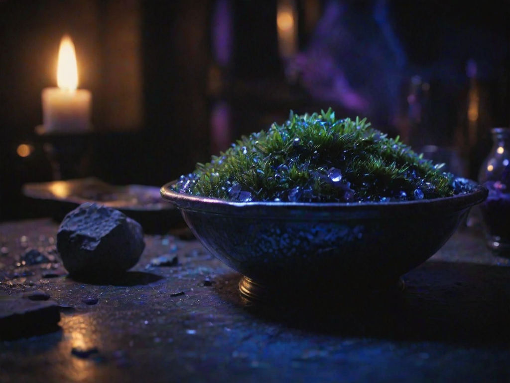 scene, emerald on a table, tavern, close-up, energy, epic, moss, crystal, purple and blue theme, dark fantasy, low light, depth of field, highly detailed, high contrast, film grain, Rim Lighting, Long Exposure, DSLR, Product-View
