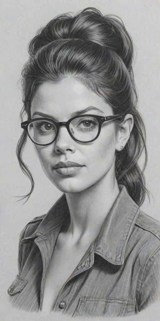Radiant Vanessa Ferlito, pencil sketch, portrait of Radiant woman 1943s in glasses, hair style beatnik, outline, clear lines, fine lines, 8k