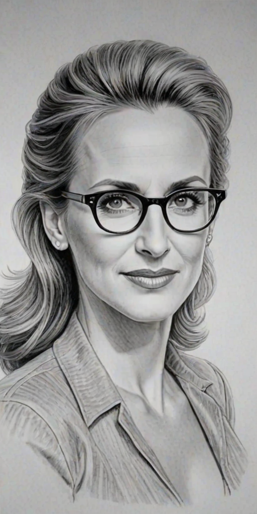 Bewitching Marlee Matlin, pencil sketch, portrait of Ravishing woman 1943s in glasses, hair style beatnik, outline, clear lines, fine lines, 8k