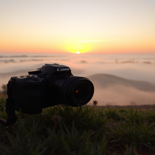 Generate a high-resolution image of a serene landscape at sunrise with mist covering the ground, using a DSLR camera with a 24mm lens, aperture set to f/8, ISO 100, and a focal length of 24mm, shot from a low angle to create depth and enhance foreground details.
