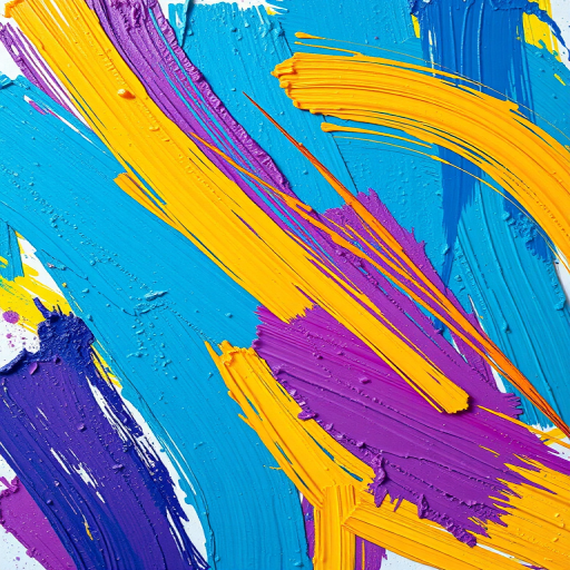 Create an abstract painting made of bold, textured brush strokes in vibrant colors of blue, yellow, purple, and orange, captured with a DSLR camera at ISO 100, f/8 aperture, 50mm lens, natural lighting, and a slight overhead angle for depth.