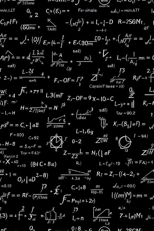 Create a high-resolution image of a seamless pattern featuring physics equations and formulas on a black background, shot using a DSLR camera with a 50mm lens, aperture f/1.8, ISO 100, and a soft focus style.