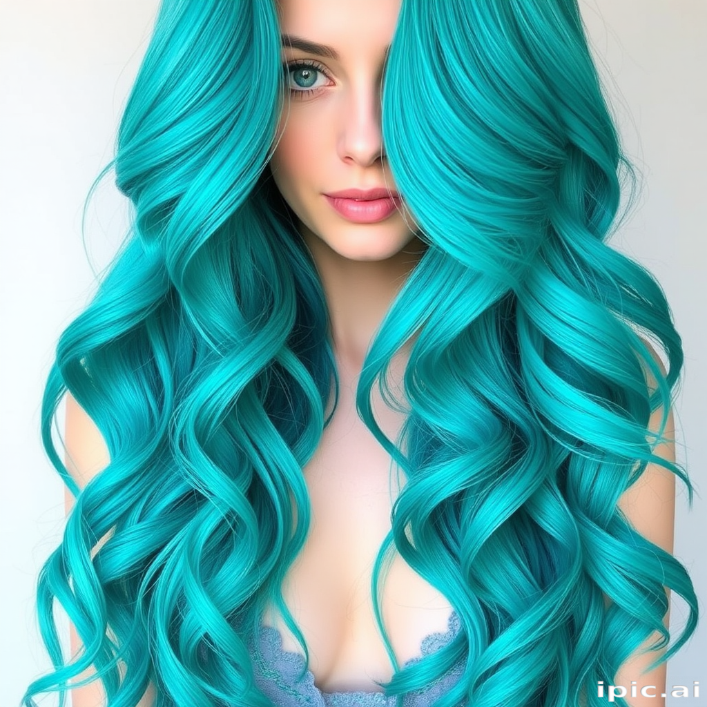 Vibrant teal mermaid waves cascading down to the waist, Oceana's hair shimmers with iridescent highlights and playful curls, creating a mesmerizing aquatic-inspired look that captures the essence of the sea