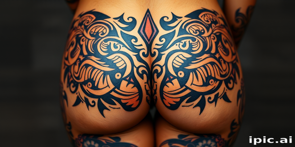 Striking tribal-inspired body tattoo adorning the lower back and buttocks, showcasing intricate Polynesian patterns in rich earth tones and deep black ink