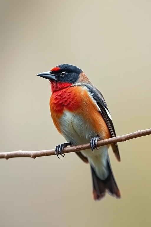 A colorful bullfinch perched on a branch, captured with a Canon EOS 5D Mark IV, 50mm lens, f/2.8 aperture, shutter speed 1/250s, ISO 200, soft focus background.