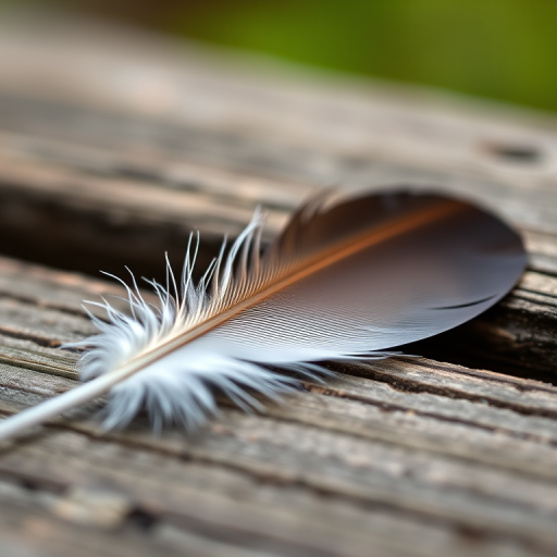 Capture a close-up of a delicate feather resting on a wooden surface with a shallow depth of field, using a DSLR camera, 85mm lens, f/1.8 aperture, 1/200s shutter speed, and ISO 100, in natural light.