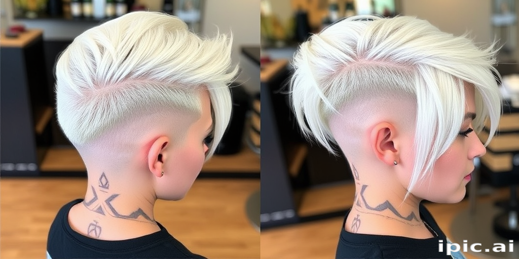 Edgy Platinum Blonde Undercut with intricate geometric designs shaved into the sides, contrasting with long, sleek top layers for a bold and modern asymmetrical style
