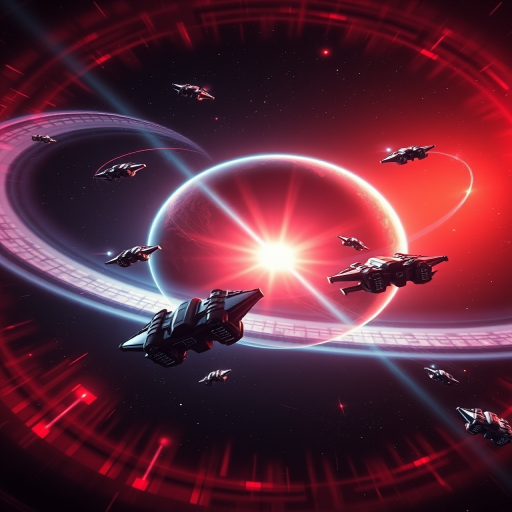 futuristic spacecrafts in orbit around a vibrant, glowing planet with a starburst effect, high detail, 4K resolution, f/11 aperture, ISO 100, 16mm lens, wide-angle shot, digital art style, soft lighting effects
