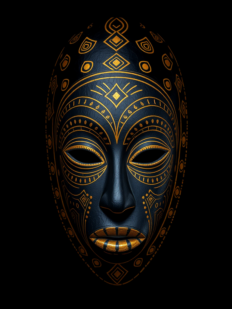 Create a high-resolution digital artwork of a stylized African mask featuring intricate golden line patterns on a black background, shot with a Canon EOS R5, 50mm lens, f/1.8 aperture, ISO 100, and a soft-focus effect.