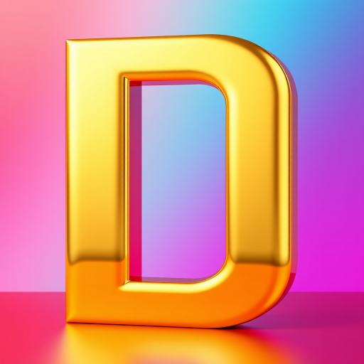 Generate a high-resolution 3D rendering of a glossy gold letter "D" against a vibrant gradient background, using a Canon EOS R5 camera, 50mm lens, aperture f/1.8, ISO 100, and a soft natural light setting.