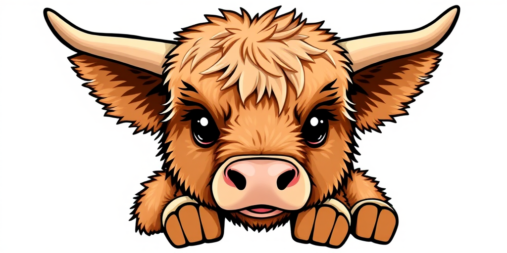 sticker design, adorable, furry, baby, highland cow, white background
