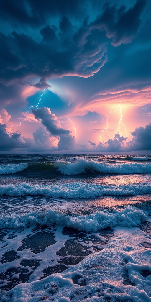 Generate a vibrant digital artwork of a dramatic sea storm at dusk with vivid lightning, swirling clouds, and turbulent waves, captured with a DSLR camera at f/11, ISO 100, 1/200 sec, wide-angle view, using a high dynamic range style.