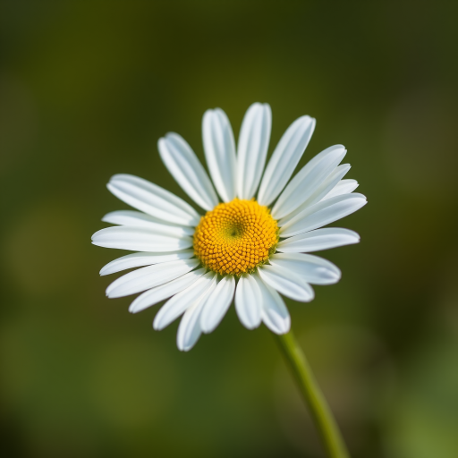 Regenerate the image of a white daisy with a yellow center, shot with a DSLR camera, 50mm lens at f/2.8, ISO 100, shallow depth of field, soft bokeh background, natural lighting.