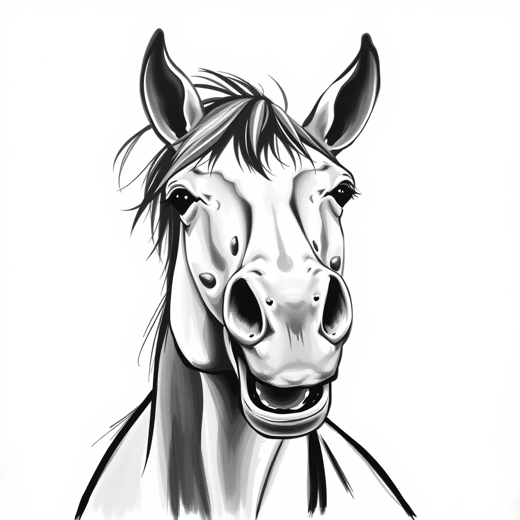 Abstract black and white acrylic portrait of an over exaggerated laughing (horse). Minimalism style. White background.