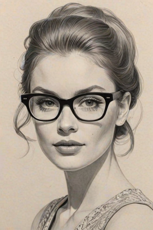 Dazzling Sophie Wylie, pencil sketch, portrait of Dazzling woman 1961s in glasses, hair style beatnik, outline, clear lines, fine lines, 8k