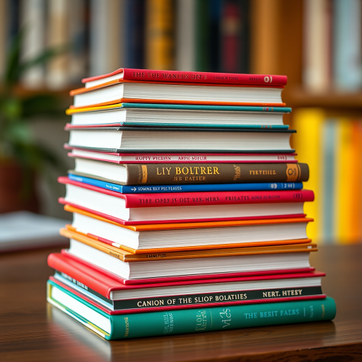 Create a stack of colorful books with vibrant covers and smooth edges, using a Canon EOS R5 camera with a 50mm f/1.2 lens, aperture set to f/2.8, ISO 100, with a shallow depth of field to enhance focus on the books against a blurred background.