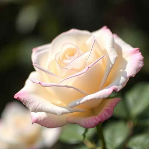 Create a high-resolution image of a soft white rose with delicate pink edges, captured in natural light using a 50mm lens at f/1.8, with a shallow depth of field, in a macro photography style, using a full-frame DSLR camera.