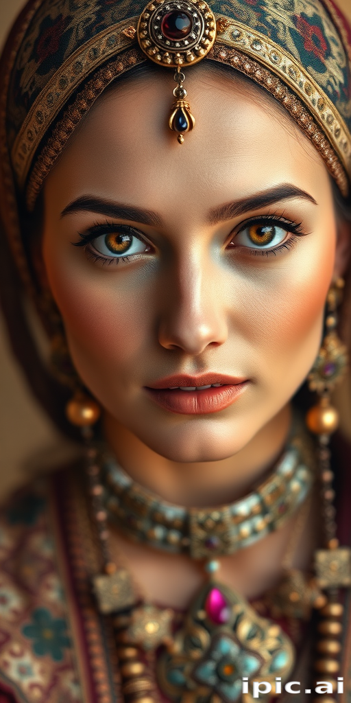 Create a portrait of a beautiful woman with striking hazel eyes and a gentle expression. She is adorned in traditional attire with intricate patterns, including a richly embroidered headscarf and matching garments. Her jewelry includes a delicate headpiece, dangling earrings, and ornate bracelets, all featuring vibrant gemstones and detailed metalwork. The background is soft and warm, enhancing the rich colors of her outfit and jewelry.