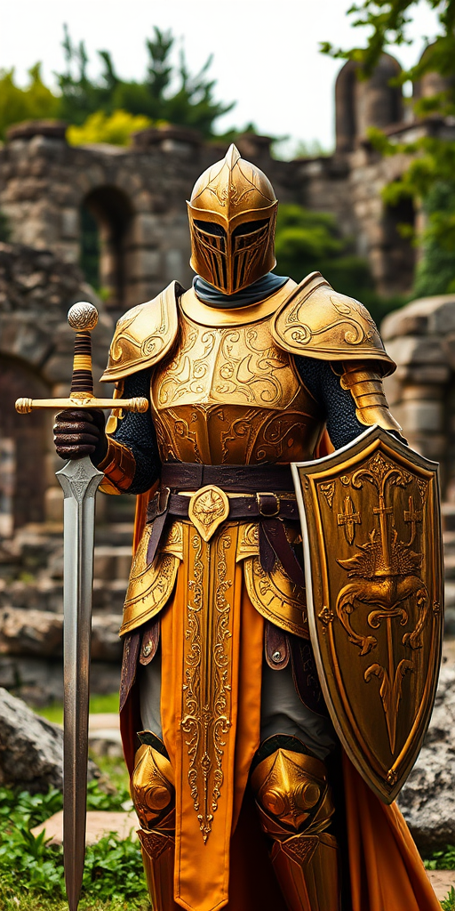 A knight in intricately designed golden armor stands confidently in a lush, ancient backdrop featuring stone ruins, with a sharp sword in one hand and a shield in the other, captured with a DSLR camera, 50mm lens, f/1.8 aperture, ISO 100, and soft diffused lighting to enhance details and textures in the scene.