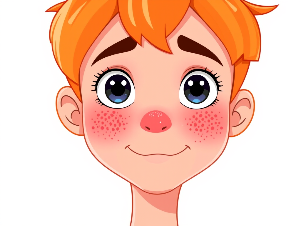 Create a high-resolution digital illustration of a cartoon face with orange hair and freckles, using a 50mm lens at f/2.8, shot from a straight-on view, with a vibrant color palette and smooth vector style.