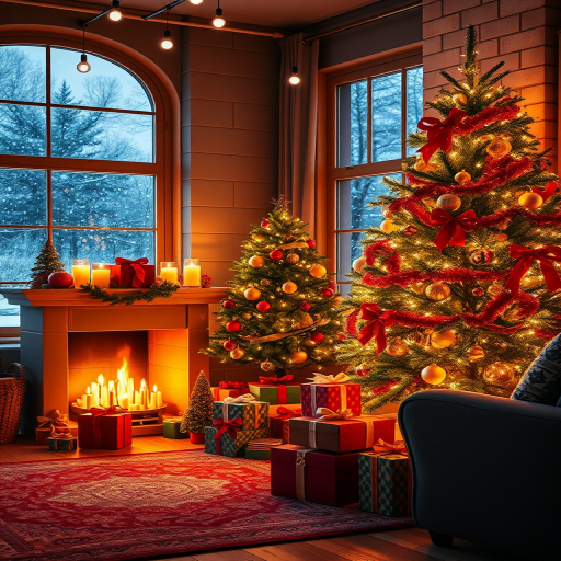 generate a cozy holiday living room scene with a decorated Christmas tree, a glowing fireplace with candles, colorful gift boxes, a large window showing falling snow, using a DSLR camera with an aperture of f/4, ISO 100, 24mm lens, and a bright, vibrant color style.