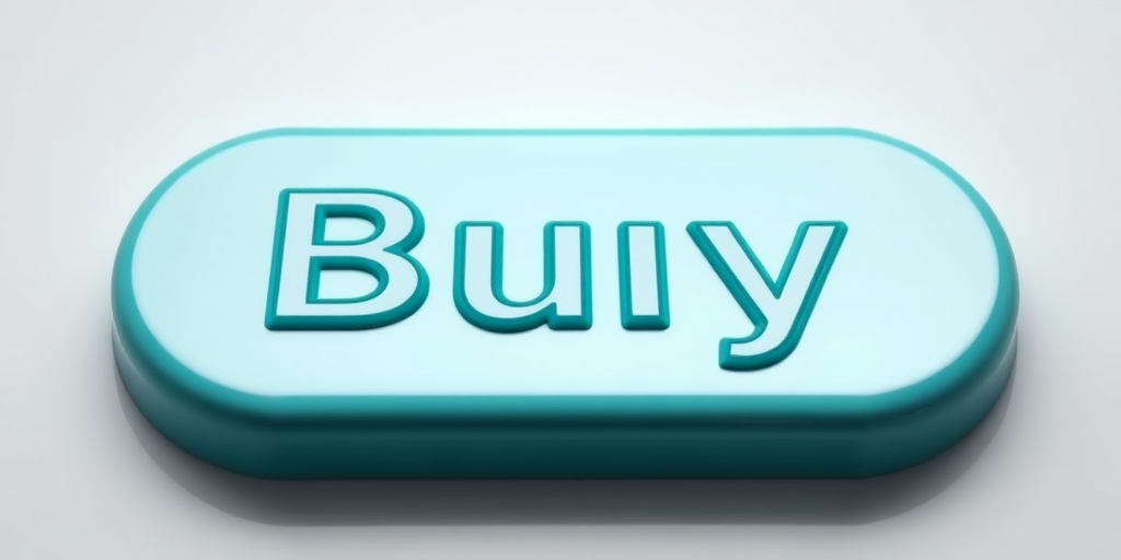 Create an image of a glossy, turquoise button with a raised "Buy" text in the center, shot with a Canon EOS R5 at f/2.8, ISO 100, 50mm lens, in a soft light setup, using a close-up view.