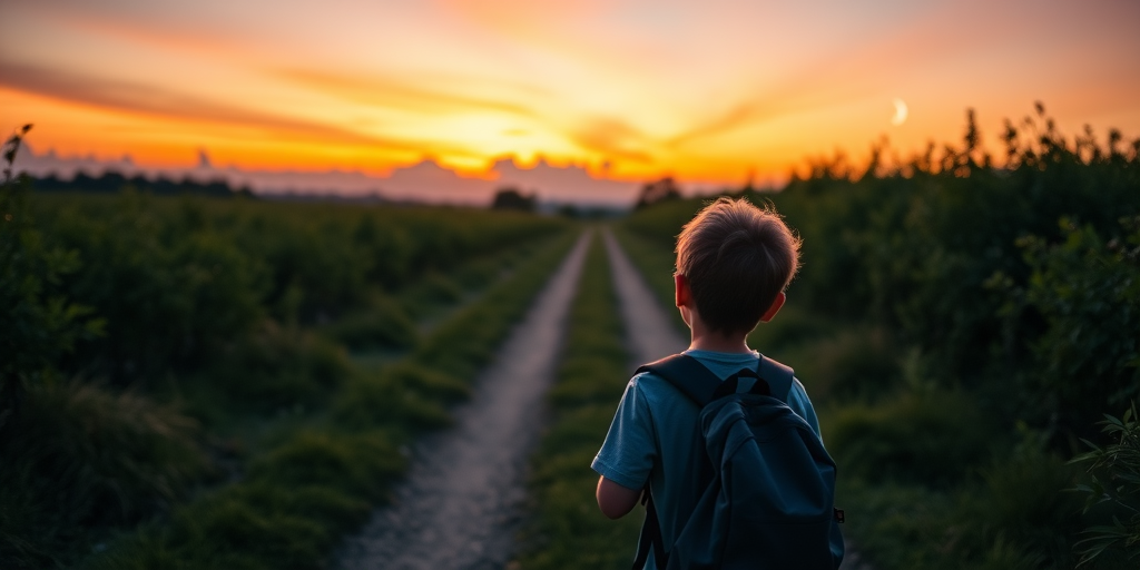 Generate an image of a young boy with a backpack standing at the end of a dirt road surrounded by lush greenery, observing a vibrant sunset sky with clouds and a crescent moon, using a DSLR camera with a 50mm lens, aperture f/1.8, ISO 100, and a low angle view for enhanced depth and detail.