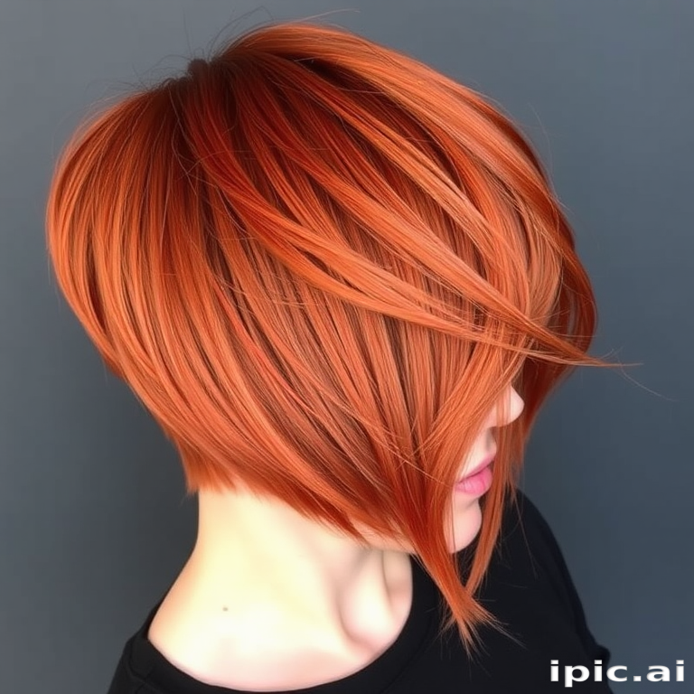Fiery copper-red locks styled in a sleek, asymmetrical bob with razor-sharp edges and a dramatic side-swept fringe comprise the bold "Phoenix Flame" haircut, featuring subtle balayage highlights in shades of burnished gold and warm amber that create depth and dimension, evoking the image of smoldering embers and rising flames