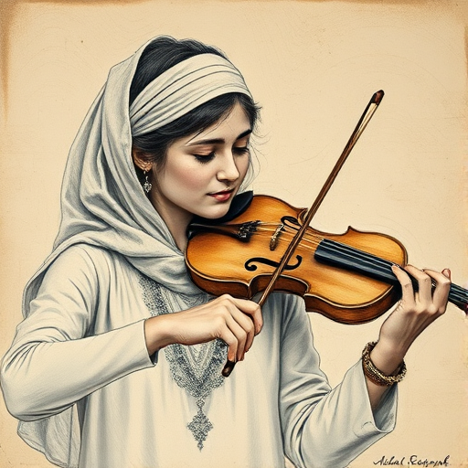 a young Middle Eastern woman with a white headband playing a violin, in the style of a charcoal drawing, sepia grunge background