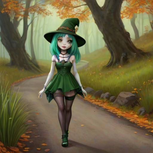 digital art fantasy depicting a strange girl with green hair, long eyelashes, green lipstick and a tall hat walking along a winding road on an autumn afternoon, an Frog smiles as she passes