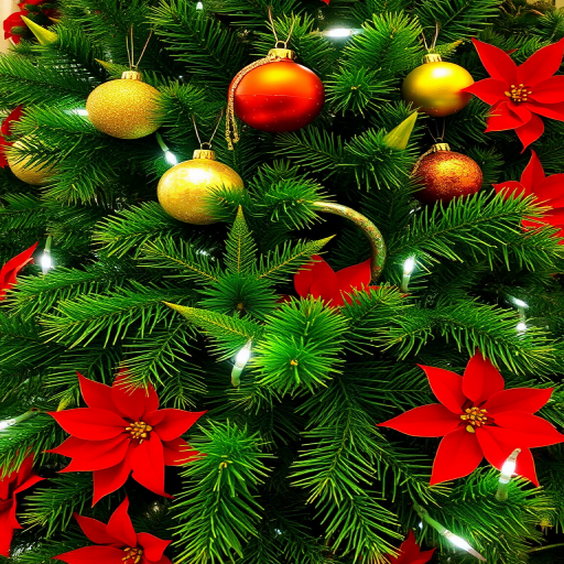 Create a festive Christmas tree scene featuring vibrant green branches adorned with shiny golden and red ornaments. Include twinkling white lights and bright red poinsettias among the foliage to enhance the holiday spirit. Focus on capturing the warm and cheerful atmosphere of a well-decorated tree.