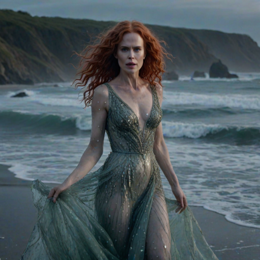 Bewitching image of Nicole Kidman, Big Little Lies star, with her porcelain skin and cascading red curls, emerging from misty waves in a sheer, iridescent gown, on a moonlit beach dotted with bioluminescent algae
