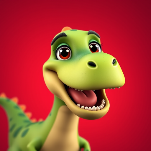 Generate a cartoon-style image of a cheerful green dinosaur with a big smile, set against a vibrant red background, using a Canon EOS R5 camera with an 85mm f/1.4 lens, aperture set to f/2.8, ISO 100, and a soft focus effect for enhanced image quality.