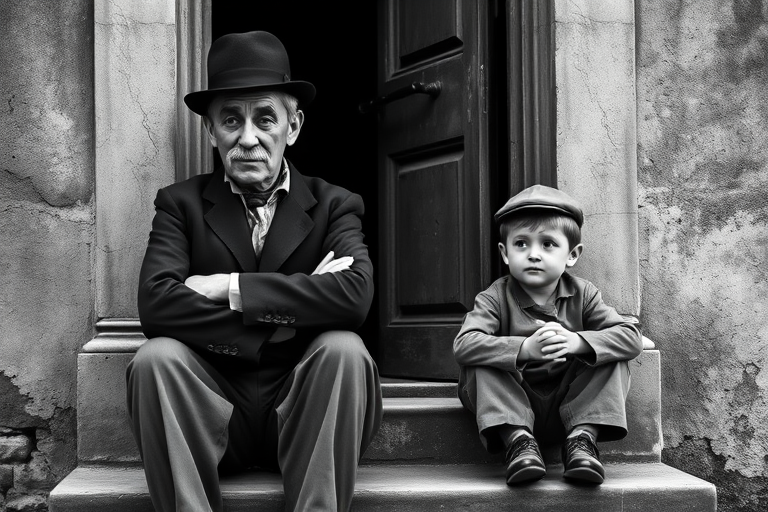 A black-and-white photograph of a man and a child sitting on steps in front of a doorway. The man is dressed as a tramp with a bowler hat, mustache, and ragged clothes, reminiscent of Charlie Chaplin's iconic look. He is sitting with his arms crossed and an expression of slight sadness or frustration. Next to him is a young boy, also in worn clothes and a cap, sitting with his hands clasped, looking thoughtful. The background is an old, textured wall and a partially open door, creating a vintage, early 20th-century atmosphere.