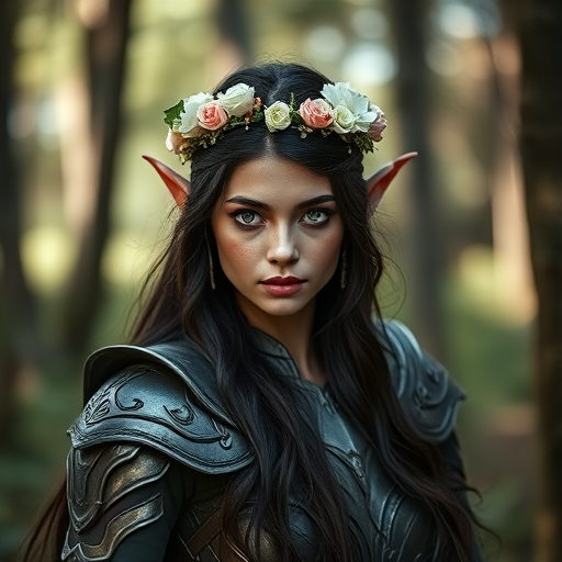 Regenerate an image of an elven warrior woman with long dark hair and green eyes, adorned with a flower crown, wearing intricately detailed armor, captured with a Canon EOS R5, 50mm lens, f/1.8 aperture, soft natural lighting, shallow depth of field, in a mystical forest setting.