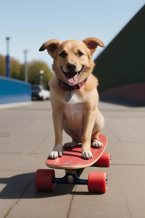 an image of a dog on a red skateboard