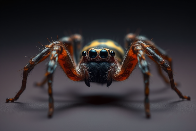 Generate a realistic 3D render of a spider with detailed textures, captured with a DSLR camera at 50mm lens, f/2.8 aperture, ISO 100, in a softbox studio lighting setup from a low angle to emphasize its features.