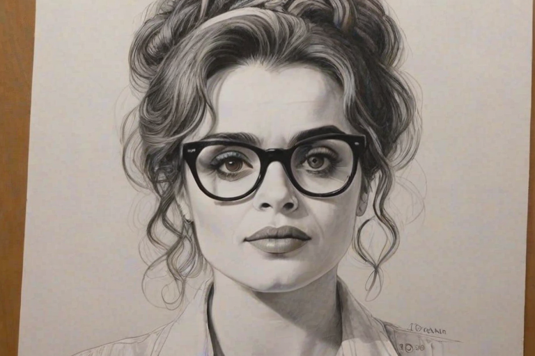 Sublime Helena Bonham Carter, pencil sketch, portrait of Appealing woman 1958s in glasses, hair style beatnik, outline, clear lines, fine lines, 8k