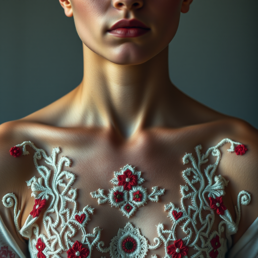 Face, shoulders, chest covered in openwork Druze embroidery. Raw, unedited image.
