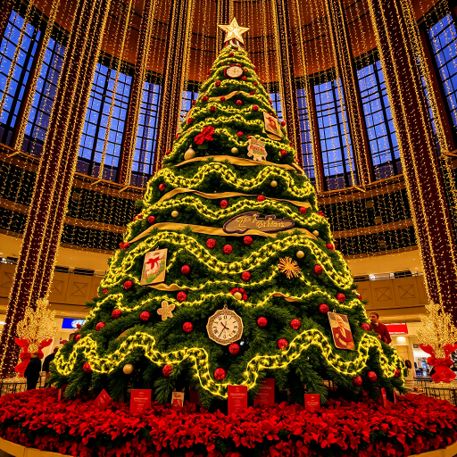 Create an image of a large, illuminated Christmas tree adorned with bright yellow lights in a festive indoor setting. The tree should have multiple tiers and a star on top. Surround the base with vibrant red decorations or flowers, creating a warm and cheerful holiday atmosphere.