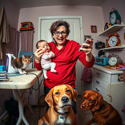 A chaotic scene of a flustered parent multitasking with a baby in one arm, holding a phone to their ear, a cat on the ironing board, a dog at their feet, and an alarm clock in the background; shot with a DSLR camera at f/2.8, 1/60s shutter speed, ISO 400, wide-angle lens for a vibrant, detailed portrayal.