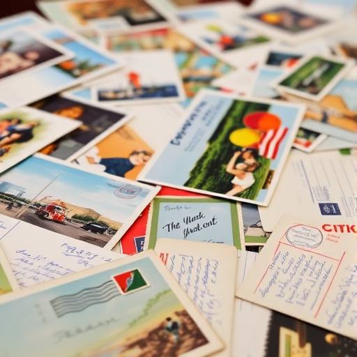 Close-up of a collection of vintage postcards spread out on a table, soft light illuminating the colorful designs and handwritten messages.
