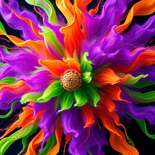 Create a vibrant explosion of colors with swirling patterns of purple, green, and orange in a high-resolution digital format, using a DSLR camera with a 50mm lens at f/2.8, ISO 100, and a shutter speed of 1/500s, shot from a dynamic overhead angle to emphasize depth and movement.